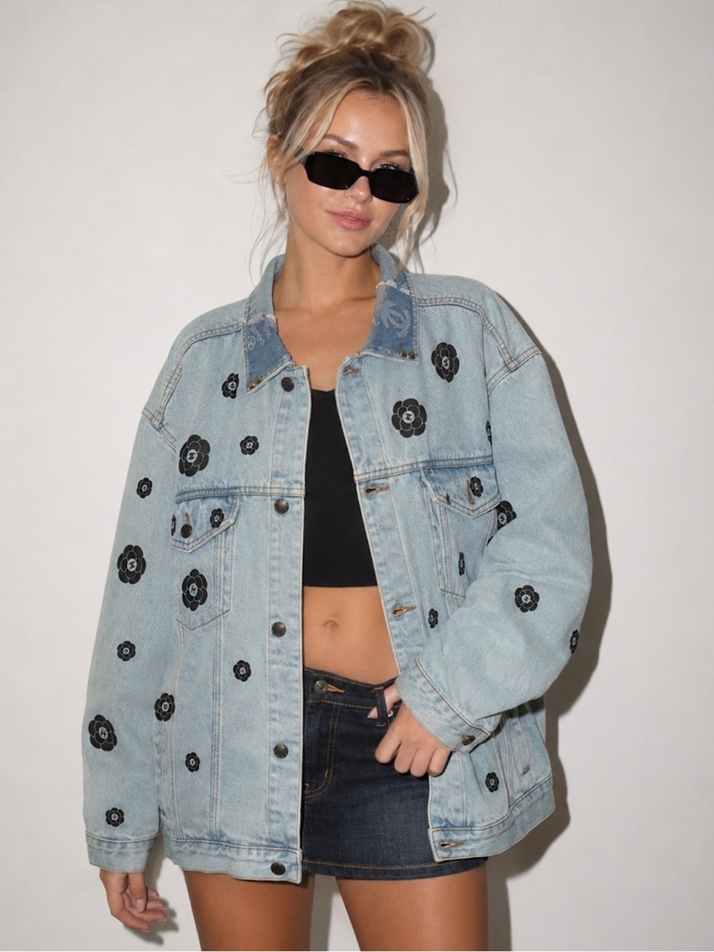 Chanel Upcycled Oversized Denim Light Wash Denim Jacket Black Floral Prints XL